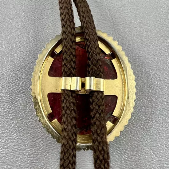 Bolo Tie Polished Stone Burgundy Gold Tone W/ Brown Rope Beaded Western Unisex 