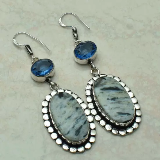 Hornblended Blue Topaz Handmade Drop Dangle Earrings Jewelry 2.4"AE 59959