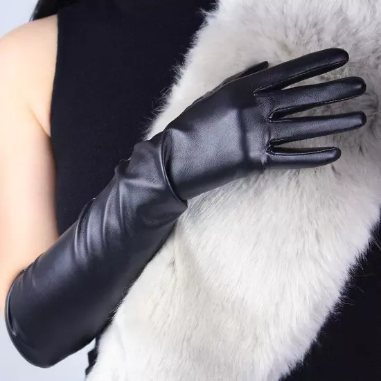 Women'S TECH LONG GLOVES Faux Lambskin Leather Soft Black Touchscreen Sensitive