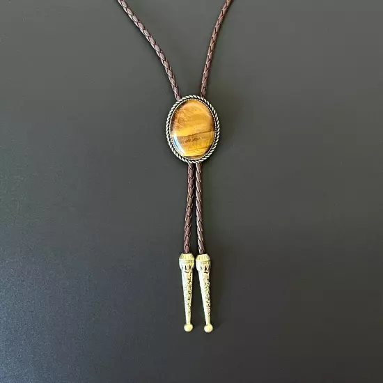 Natural Tiger's Eye Stone Bolo Tie Western Cowboy Alloy PU Rope Wedding Necklace