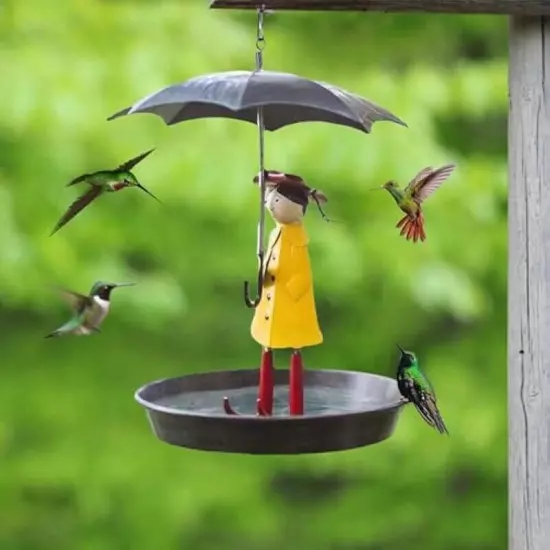 Outdoor Hanging Bird Feeder Set with Metal Chain and Umbrella Girl Shape,3343