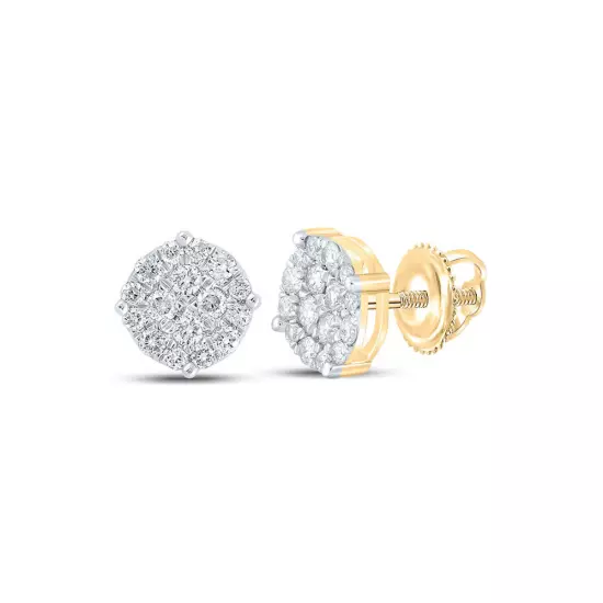 14K Yellow Gold Mens Round Diamond Cluster Earrings 1/2 Cttw