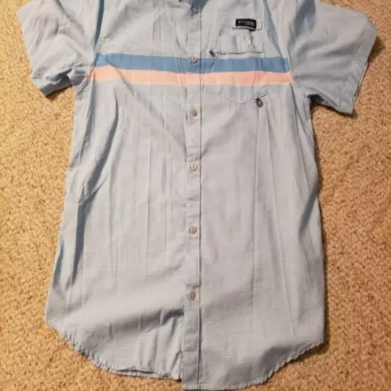 Columbia PFG Shirt Vented Button Down Mens Medium Blue Pink Striped Short Sleeve