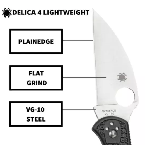 Spyderco C11FPWCBK Delica 4 Wharncliffe VG-10 Stainless Steel PlainEdge Knife