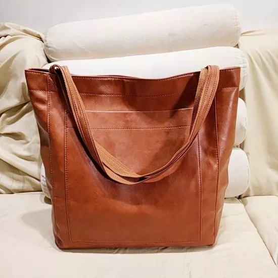 Soft Leather Tote Shoulder Bag, Waxed Leather Large Capacity Vintage Handbag Bag