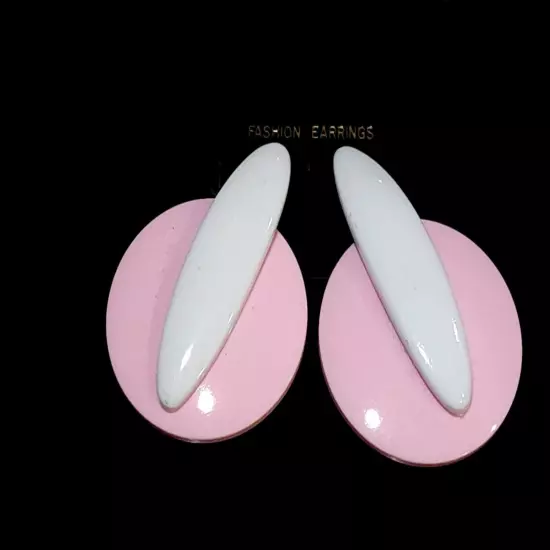 Vintage HUGE 1980s Pink White Plastic 3" Boutique Dangle Pierced Earrings