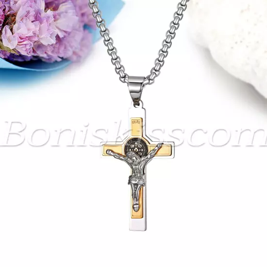 Mens Stainless Steel Saint St Benedict Jesus Crucifix Cross Pendant Necklace 22"