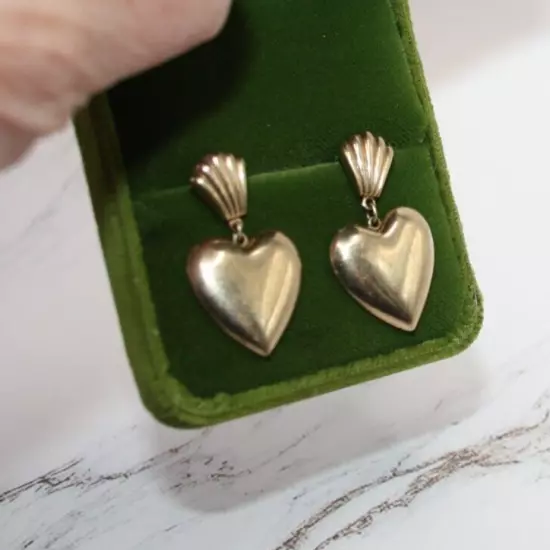 PPC Gold / Sterling Puffy Heart Dangle Post Earrings~ Shell Art deco style