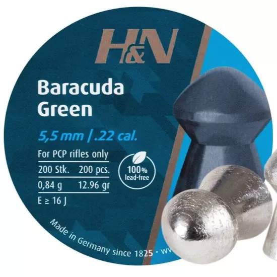 H&N Baracuda Green 200 Count 100% LEAD FREE 5.5mm .22 Caliber Pellets GERMANY B