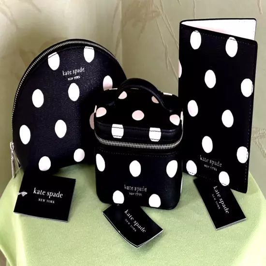 KATE SPADE MORGAN SUNSHINE DOT 3-PIECE TRAVEL SET:NWT COSMETIC,JEWELRY,PASSPORT