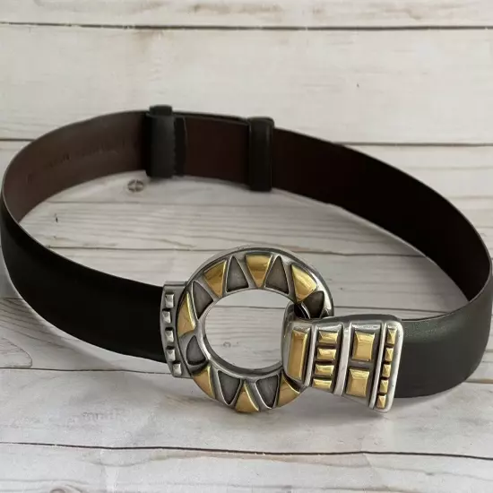 Chicos Belt Brown Leather Large Oval Silver Gold Buckle Tribal Aztec S/M