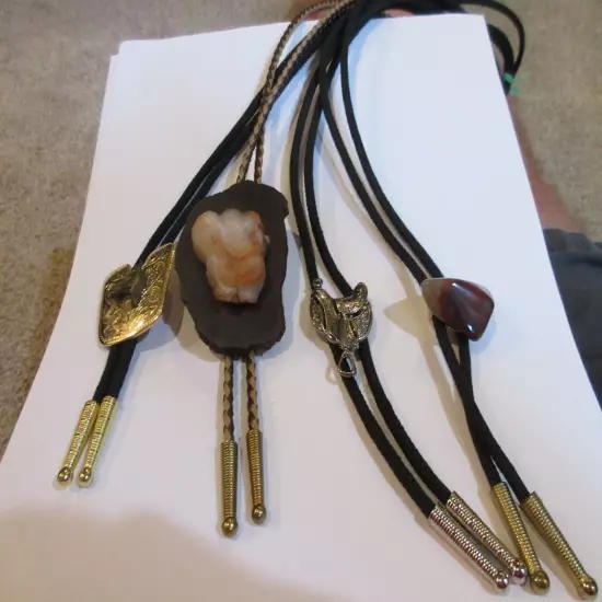 Vintage Lot of 4 Metal Stone Wood Bolo Ties IC Lot E