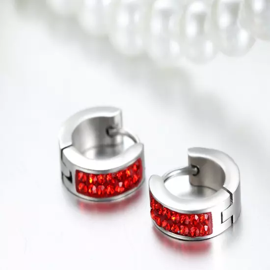 Men's Women's Unisex Stainless Steel Rhinestone Charm Hoop Huggie Earrings 2PCS