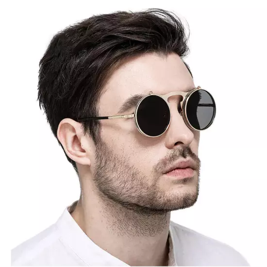 Round Metal Flip Up Sunglasses Retro John Lennon Circle Vintage Unisex Glasses