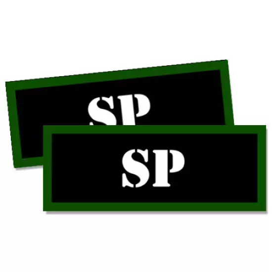 SP Ammo Can Decal Sticker Gun Case Label 2 pack Black with Green outline 3"