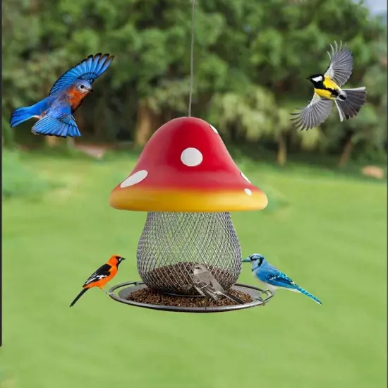 Solar Mushroom Bird Feeder,Fairy Garden Wild Bird Feeder Seed Tray, Unique7373