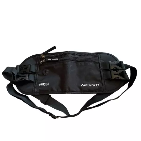 RFID Black Money Belt for Travel Two Straps Two Pockets