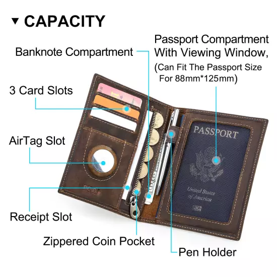 Genuine Leather RFID Coin Pen Passport Holder Bag Wallet AirTag Card Slot Travel