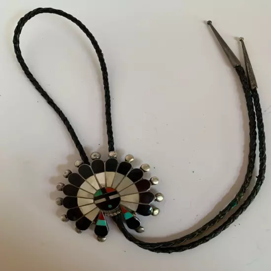 Vintage Zuni Signed Native American Multi-Gemstone Sun Face Bolo Tie