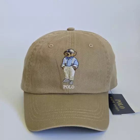 Polo Ralph Lauren Mens Polo Bear Beige Tan Twill Chino Cap Hat Leather Backstrap