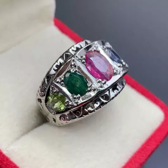 Men MultiStone Ring, Natural Ruby Emerald Blue Sapphire Peridot & Pukhraj Ring