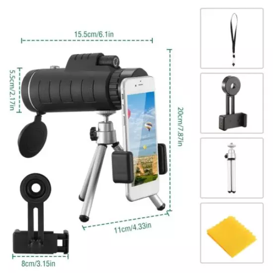 40X40 HD Optical Monocular Telescope+Phone Clip Tripod Outdoor Hiking Waterproof