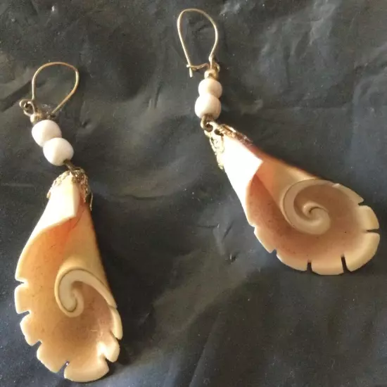 White Cone Shell Dangle Earrings Hawaii Pierced Gold Wire