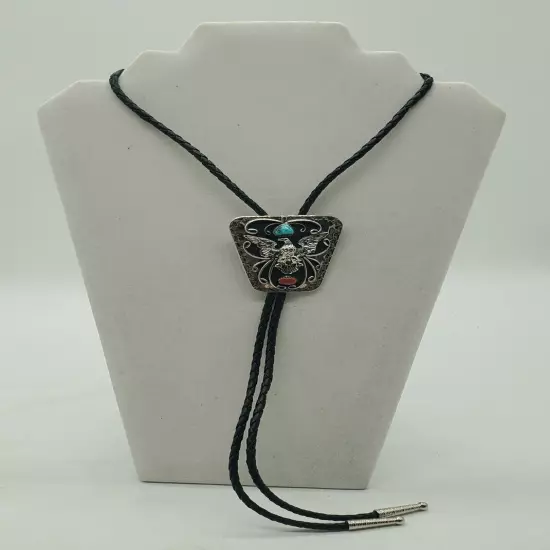 Vintage Handcrafted In USA Bolo Tie With Eagle,Turquoise And Coral Inlay