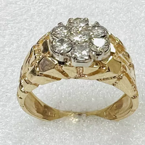 14K Solid Yellow Gold 1 TCW. Diamond Ring Nugget Mens Ring Size 10.5