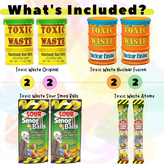 Toxic Waste Sour Candy Variety - Yellow Drum, Nuclear Fusion, Smog Balls, Atomz