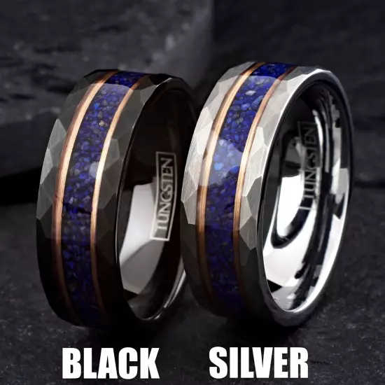 Black Tungsten Carbide Blue Lapis Lazuli Rose Gold Plated Wedding Band Ring