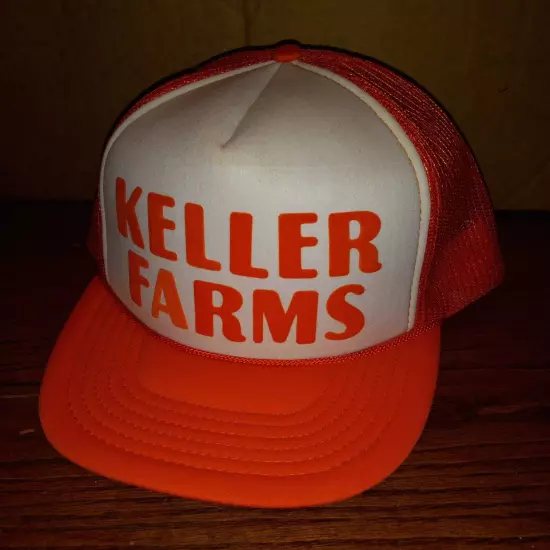 Vintage Keller Farms Farming Cap Hat Trucker Orange White Mesh Adjustable