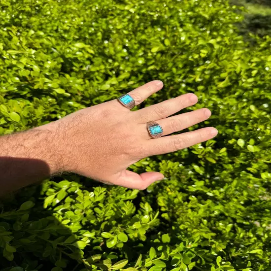 Blue Turquoise Mens Real Solid 925 Silver Navajo Native American Inspired Ring