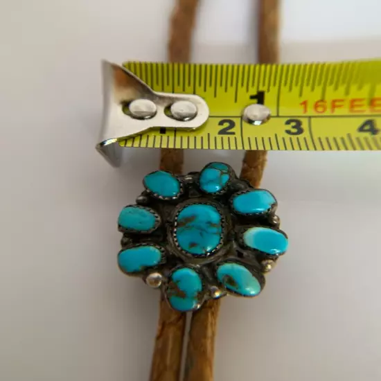 Vintage Native American Sterling Silver & Turquoise 1.25” Round Cluster Bolo Tie