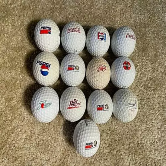 12 Vintage Soda Pop Coke-Cola-Pepsi-Dr Pepper-7 Up Safeway Logo Golf Balls 