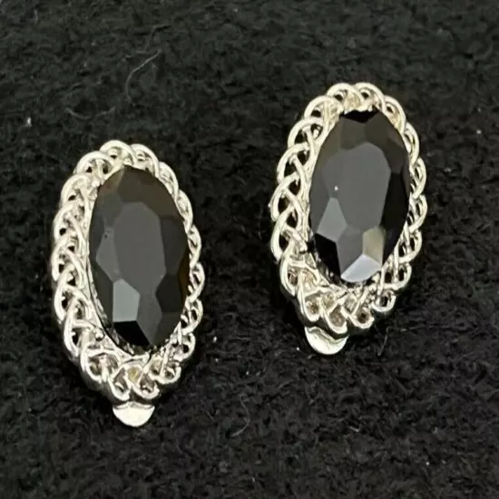 E21 Large Black Oval Crystal Silvertone Clip Earrings