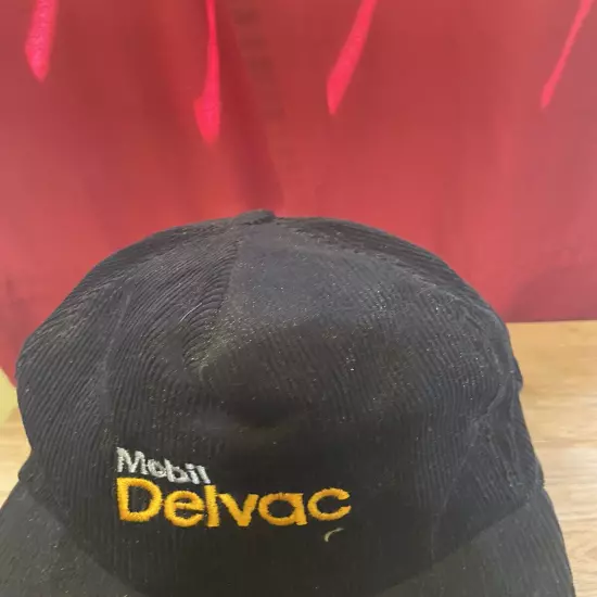 VTG Mobil Delvac SnapBack Hat Black Corduroy Made In USA Stange Premium 80s 90s