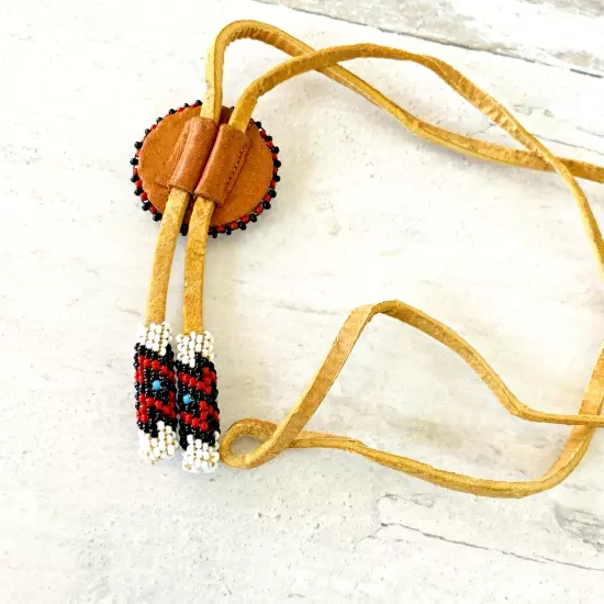 Vintage Deerskin Bolo Tie Southwestern Necklace Black Red White Peyote Stitch