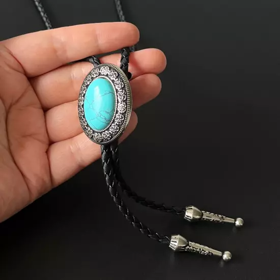 Natural Turquois Bolo Tie Western Carved Pattern Alloy PU Rope Wedding Necklace