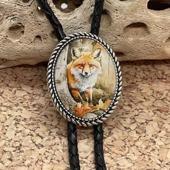 Rustic Fox Western Leather Bolo Tie Lariat Necklace Wedding Gift Dad Son Husband