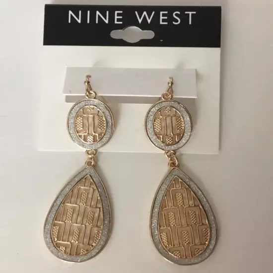 Nine West Drop Dangle Hook Earrings Filigree Gold Tone & Silver Sparkle