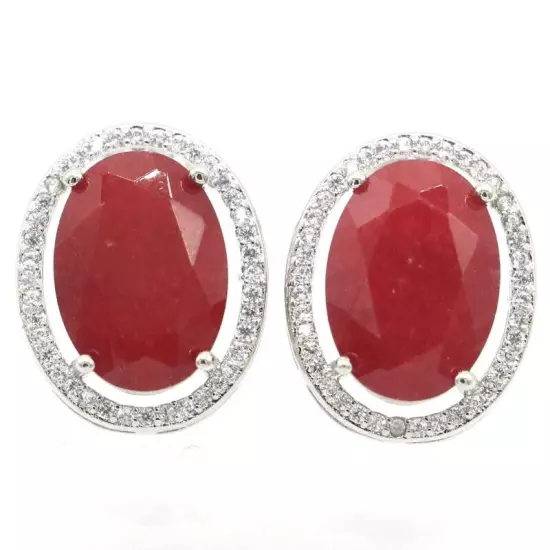 New Designed Oval Gemstone Real Red Ruby White CZ Woman's Gift Silver Earrings