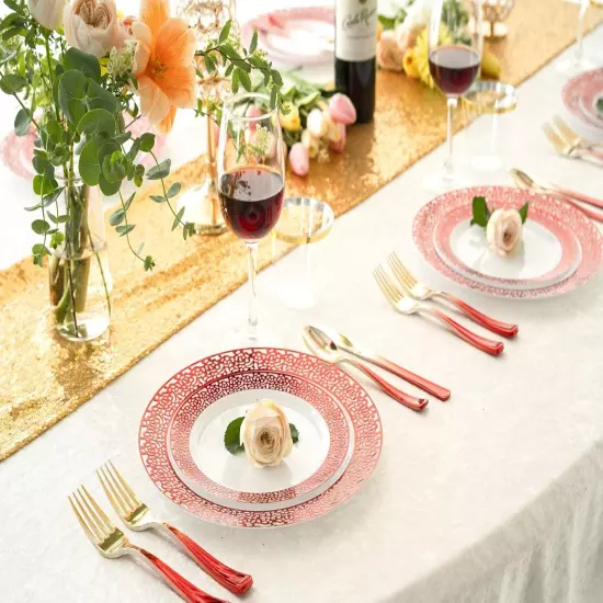 Red Plastic Dinner Plates and Red Gold Silverware - 125 Piece Disposable Prem...