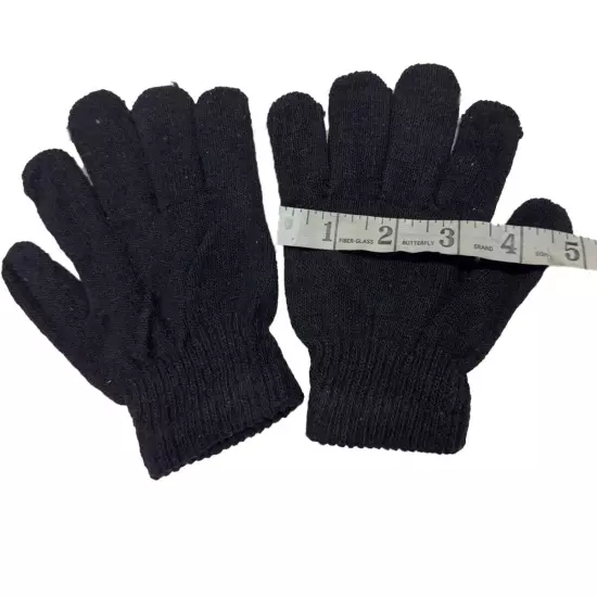 12 Pair Bulk Solid Black Thermal Warm Winter Magic Gloves Knit Elastic Lot