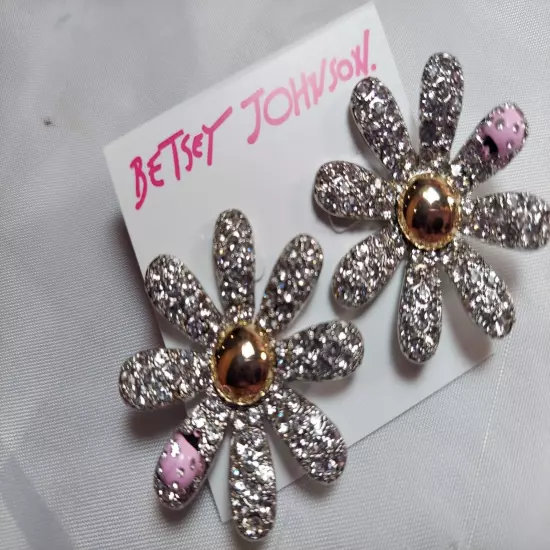 NWT Betsey Johnson Silver with Gemstones and Pink Ladybugs Earrings "Big"