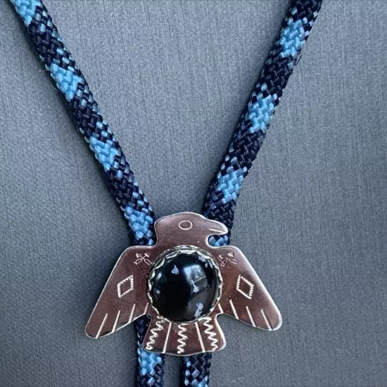 Vintage Native American Snowflake Obsidian Thunderbird Bolo Tie Blue/Black Cord