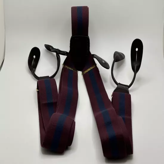 Vintage SAKS FIFTH AVENUE Navy & Burgundy Stripe Suspenders / Braces Made In USA