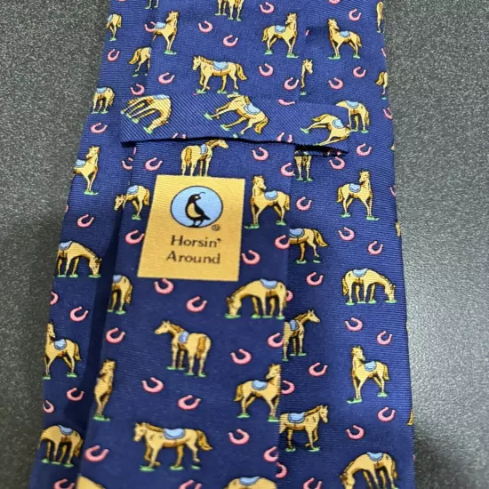 Bird Dog Bay Men's Tie, Made in the USA Blue With Horse Print, 100% Silk