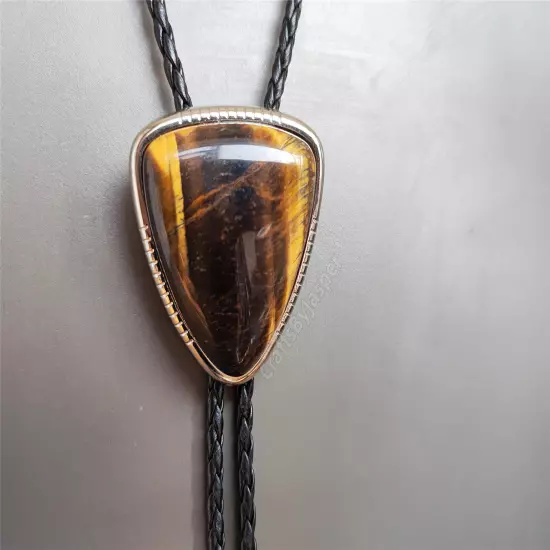 Triangle Tiger-eye Stone Western Cowboy Mens Bolo Tie PU Rope Wedding Necktie