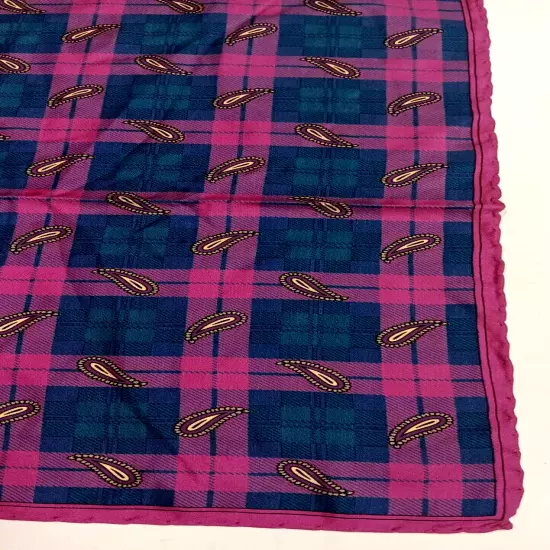 Ferrell Reed Silk Pocket Square Men's Pink Blue Plaid 16.5" Rolled Hems Italy